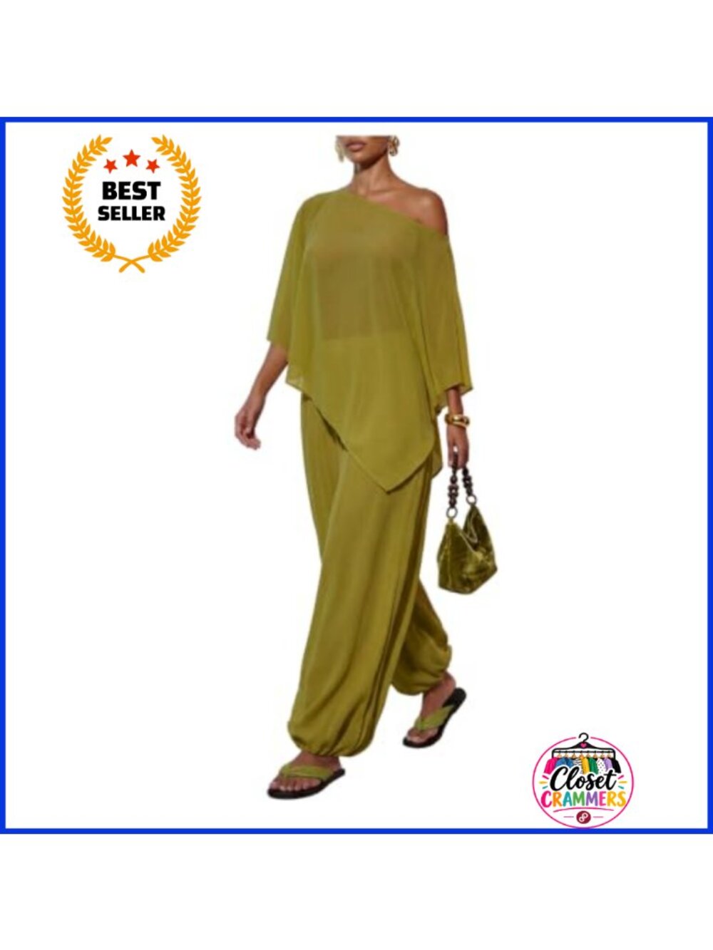 Off Shoulder Mesh Sheer Poncho Top & Harem Pants 2 Piece Set